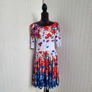 Marc Bouwer Unlimited White Red Blue Floral Print Fit Flare Zipper Back Dress M